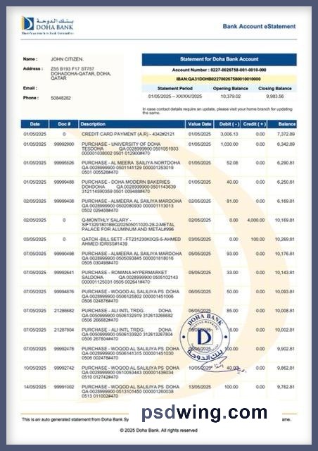 Qatar Doha Bank Account e-Statement (Word)